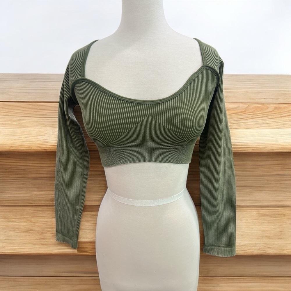 Olive Green Ribbed Women's Top - Picture 1 of 5